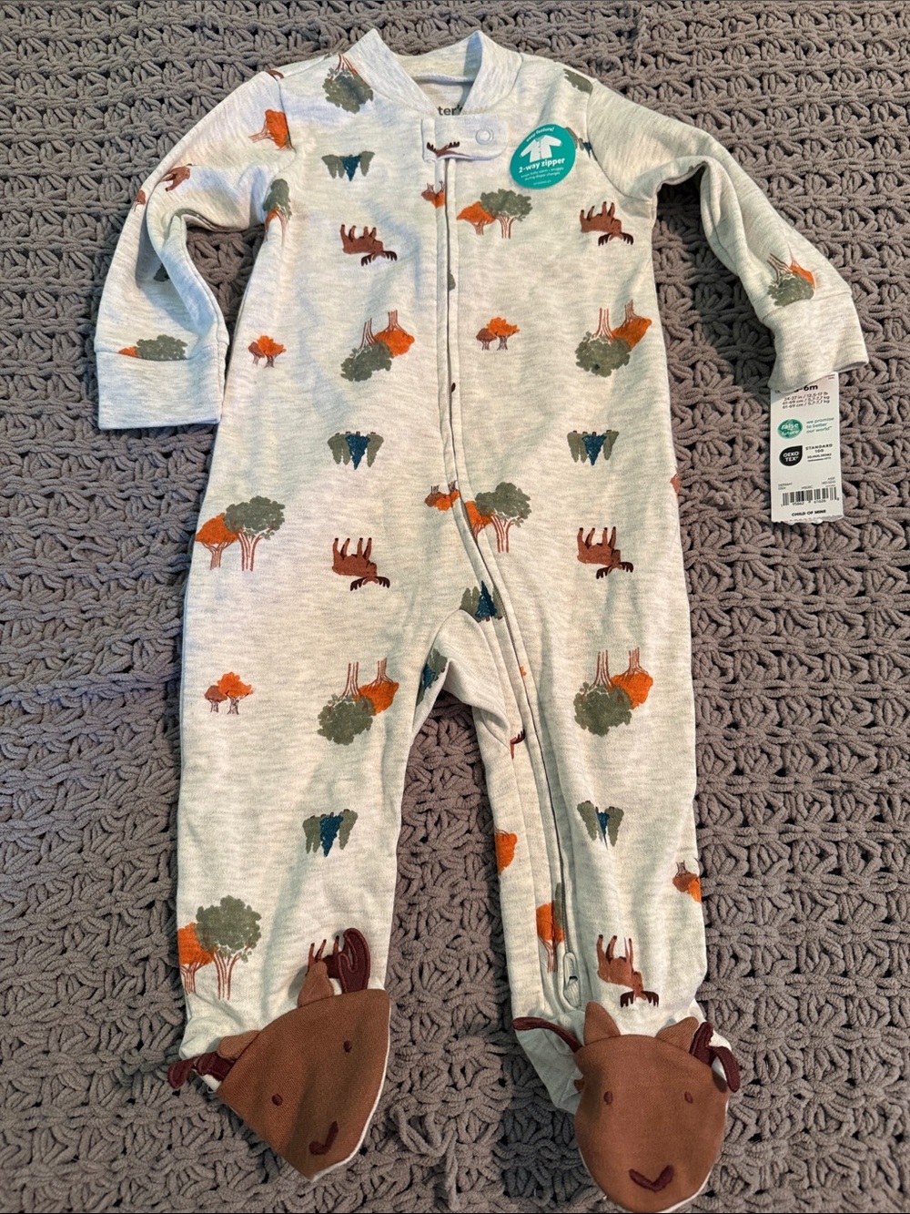 Carter's Grey Woodland Animal Zip Footed One-Piece with Brown Moose Feet